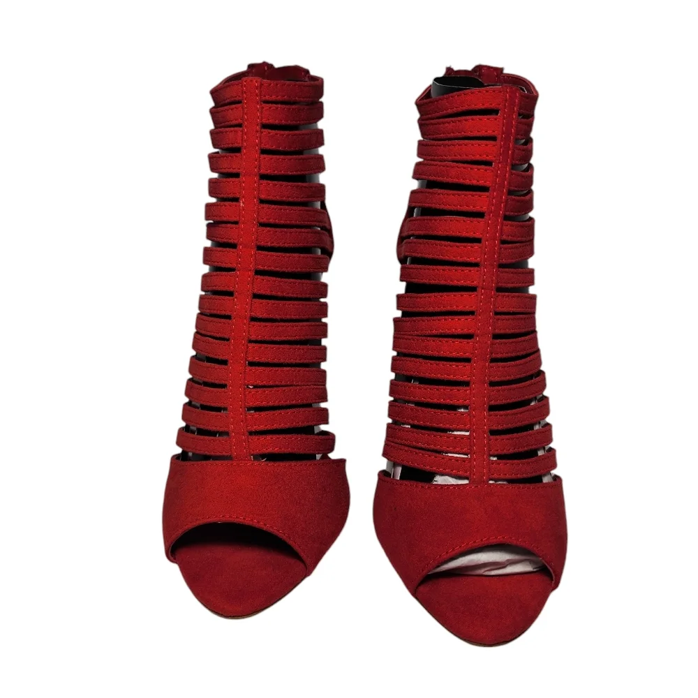 Zara Bright Red Faux Suede Strappy Caged Open Toe 4” Stiletto Heels Size‎ 36